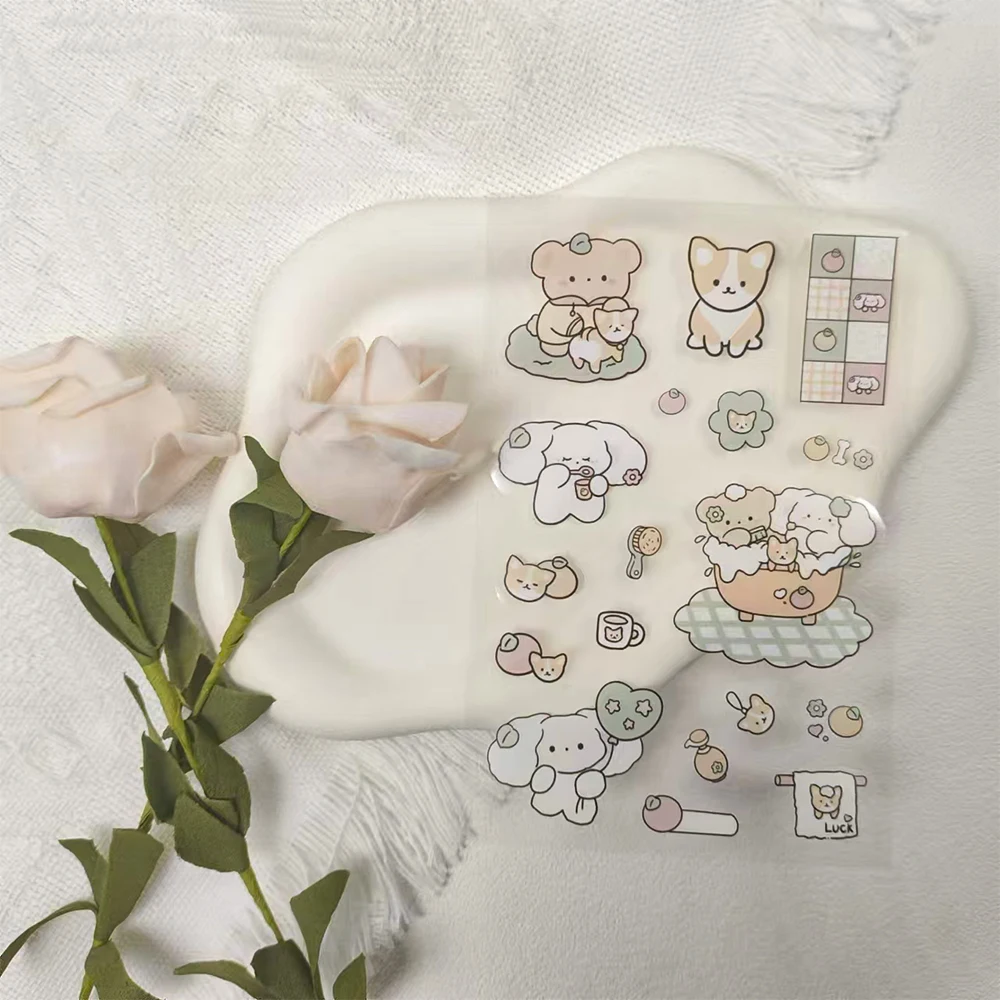 2Sheets Cute Countryside Bear and Dog Stickers Cartoon Animals Transparent Decal For Laptop Water Cup Fridge Phone PET Stickers