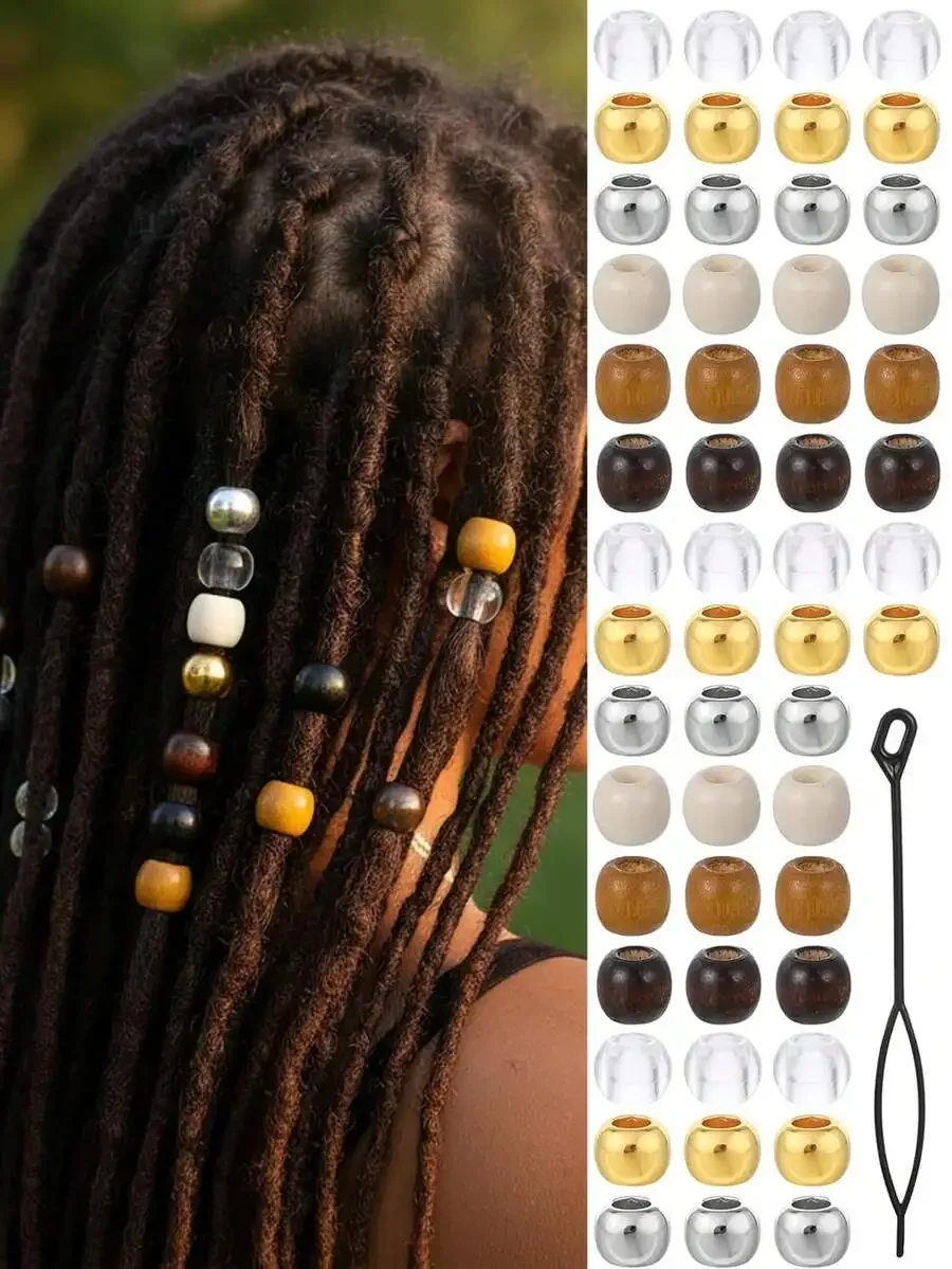 

60Pcs Wooden Beads For Braiding Hair Jewelry Braid Accessories With Needle