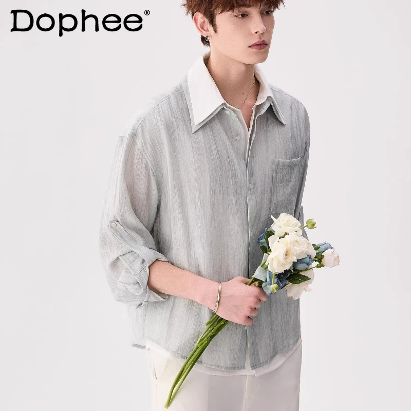 

2026 Spring New Fashion Men's High-end Tie-dye Color Matching Shirts Faux Two-piece Double Collar Shirts Trend Comfort Chic Tops