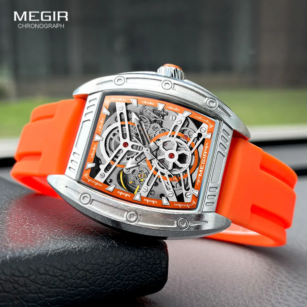 

MEGIR Fashion Orange Mechanical Watch Men Luxury Sport Waterproof Analog Automatic Wristwatch with Silicone Strap Tonneau Dial