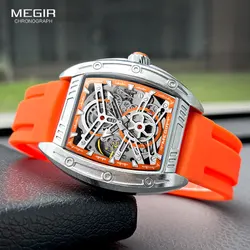 MEGIR Fashion Orange Mechanical Watch Men Luxury Sport Waterproof Analog Automatic Wristwatch with Silicone Strap Tonneau Dial