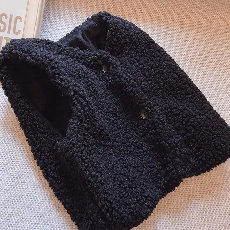 Herbst-Winter-Weste aus Lammwolle mit Samtfutter für Mädchen und Jungen, Plüschweste, einreihig, V-Ausschnitt, warmer, modischer Mantel für Kinder – Detail 10