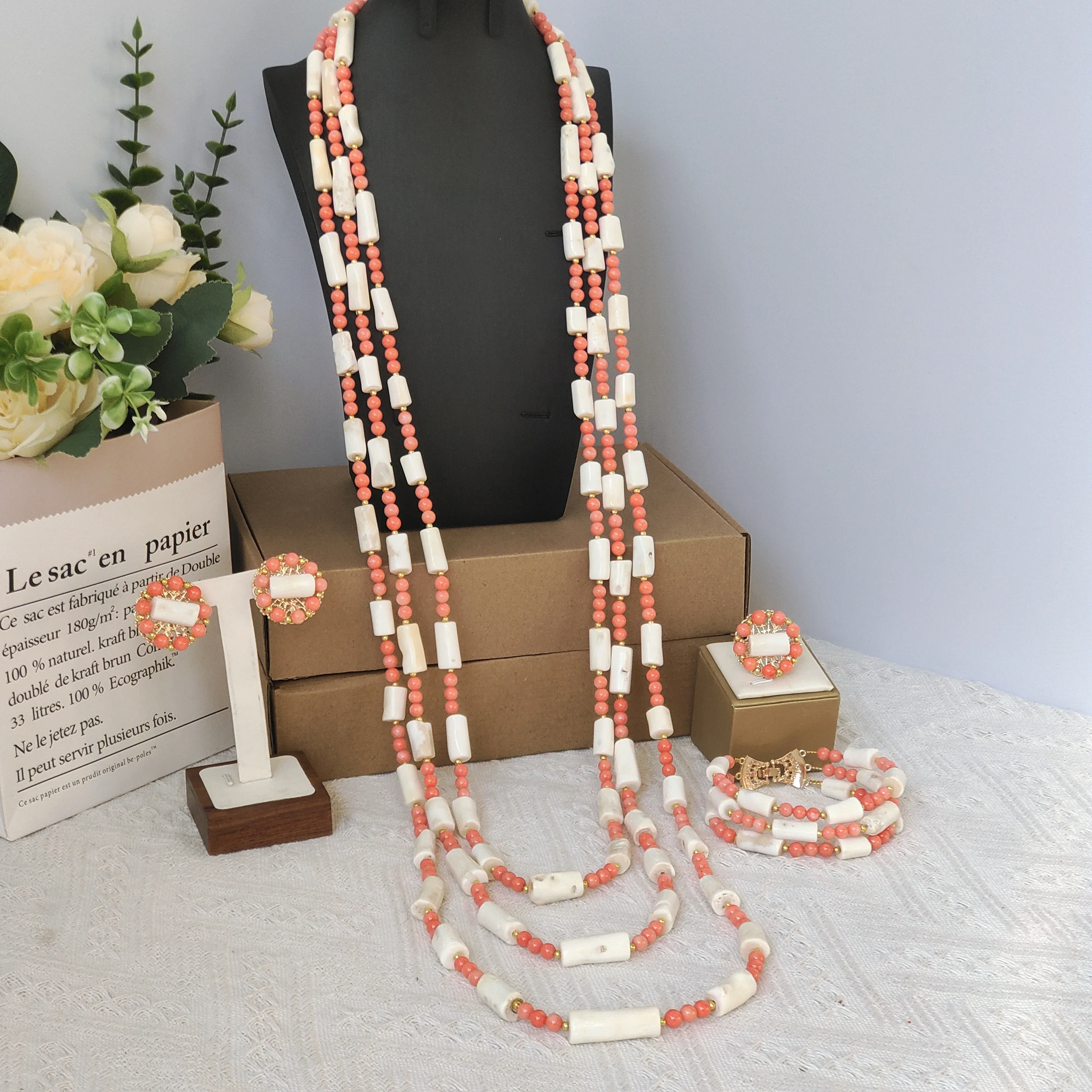 

40inch Bridal Necklace White and Pink Real Coral Beads African Jewelry Set for Nigerian Wedding