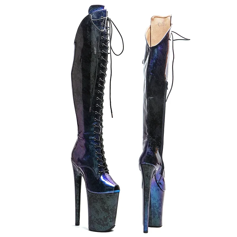 Leecabe 23CM/9 pulgadas serpiente brillante PU pequeño dedo del pie abierto moda señora tacón alto plataforma botas de baile en barra