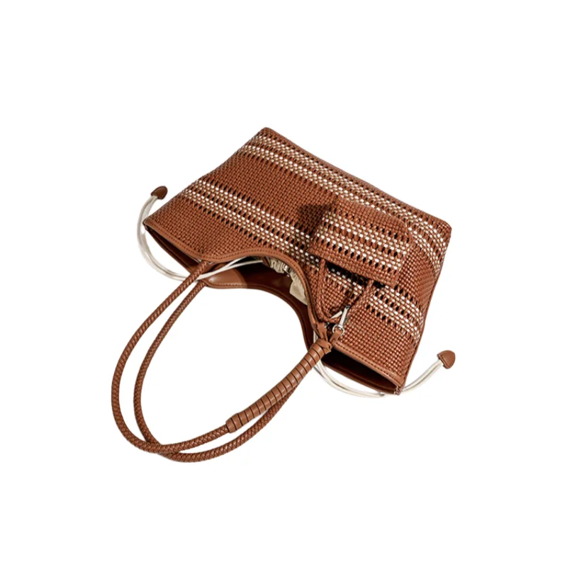 French Style Leather Woven Bag Luxury Designer Hollow Out Basket Bag Women's Tote Bag High Texture Microfiber Leather Handbags