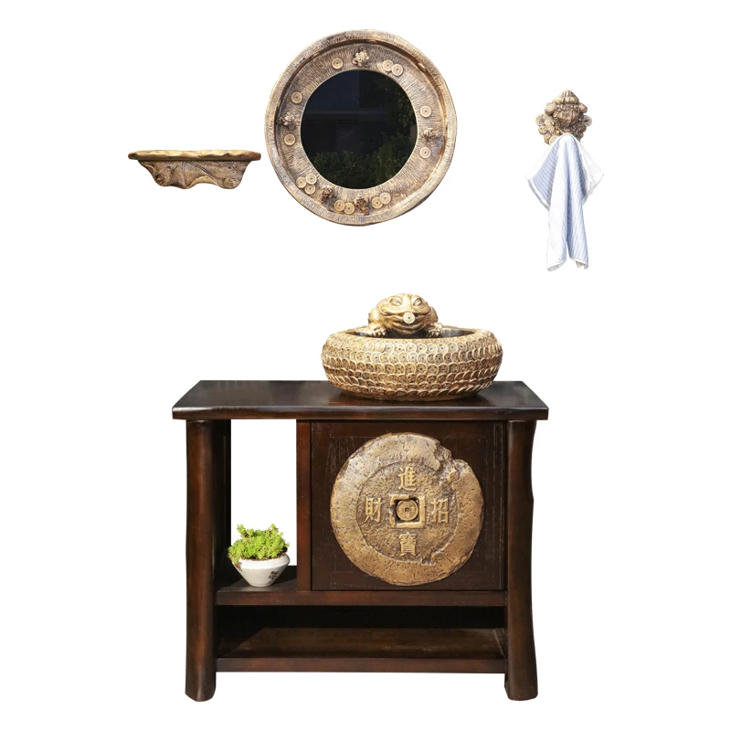 

New Chinese bathroom cabinet Floor-to-ceiling basin Balcony bathroom cabinet Washing table Solid wood basin cabinet combination