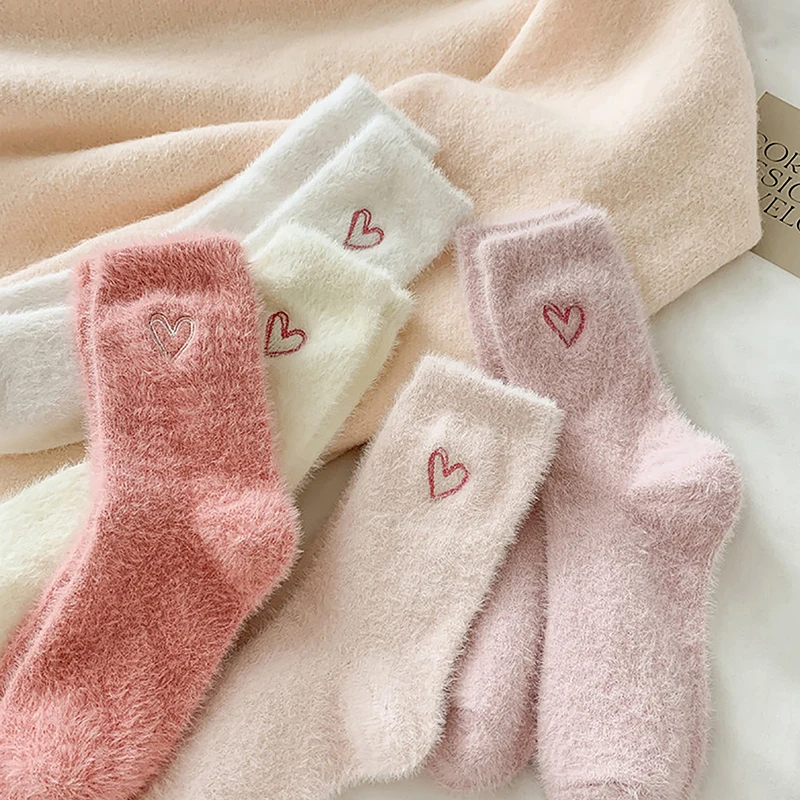 Winter Love Pattern Socks Women Mink Cozy Hairy Velvet Long Stocking Hosiery Thicken Warm Sleeping Fluffy Kawaii Sox