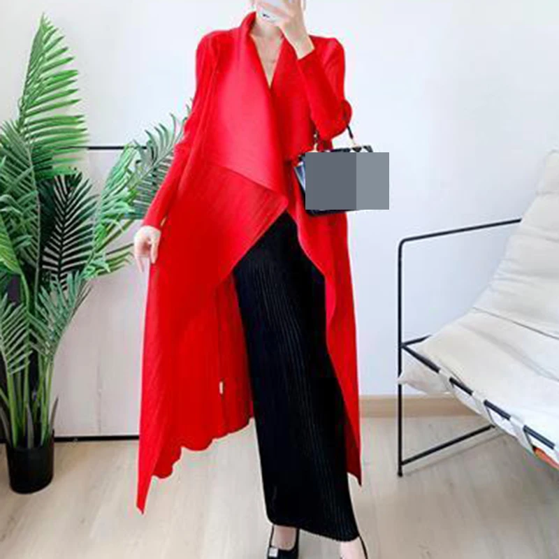 Autumn New Fashion Pleated Windbreaker Solid Color Polo Collar Women's Coat Mid length long coat women