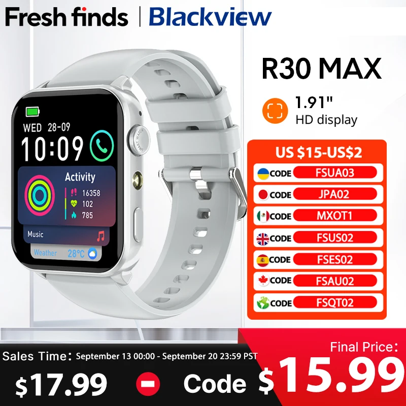 New 2025 Blackview R30 Max Smartwatch Bluetooth Phone Call LED Flashlight  1.91"  Al Voice Assistant 350mAh Sports watch