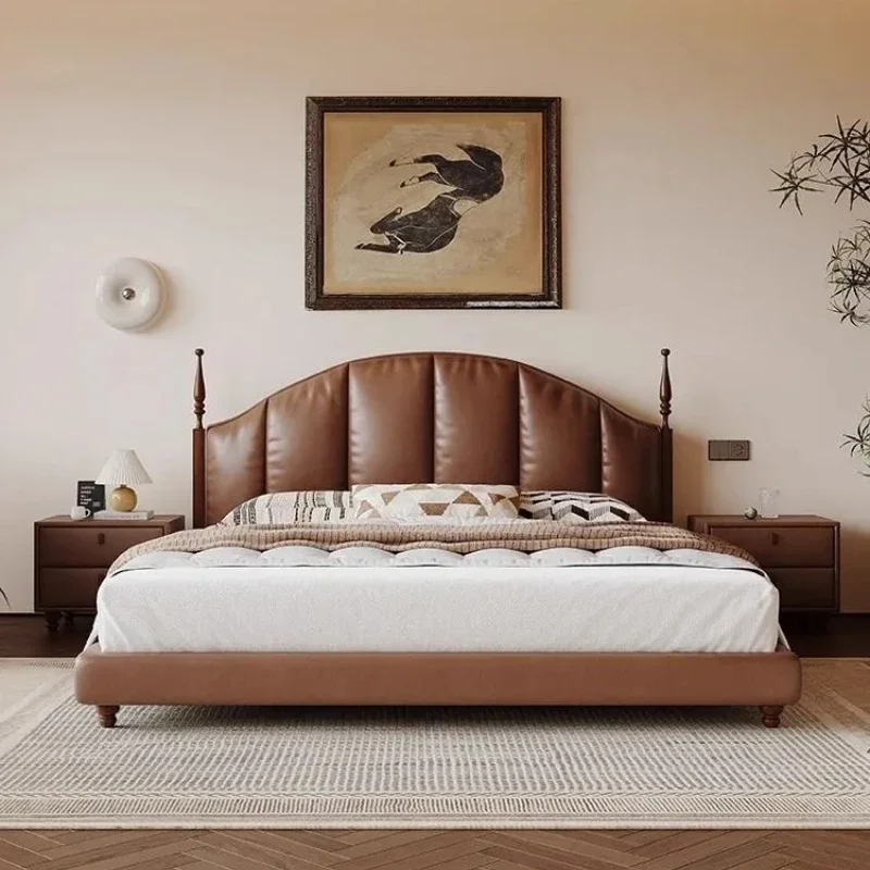 French retro leather bed antique oil wax leather bed light luxury master bedroom first layer cowhide double bed