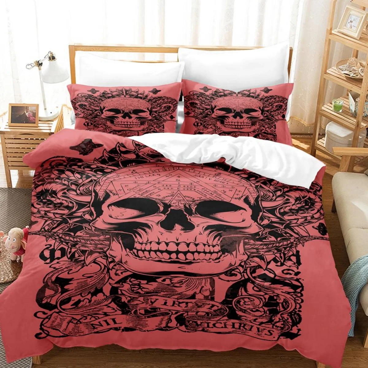 꽃무늬 해골 이불 커버, 채우지 않는 블랙 해골 침구 세트, 앤티크 빅토리아 바로크 해골 이불 커버, 고딕 빈티지