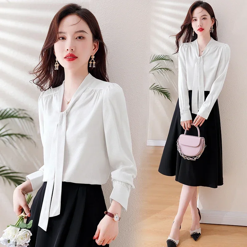 New Autumn Long Sleeve V-Neck Women Blouse Casual Lace-up White Chiffon Blouse Shirt Women Tops Blusas Mujer De Moda 2024 A576