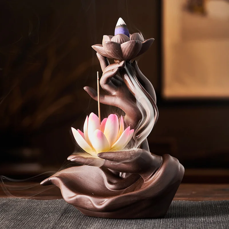 Zen Lotus Buddhist Hand Ceramic Backflow Censer Incense Burner Stick Holder Home Fragrance Stove Incense Insert Plate Accessory