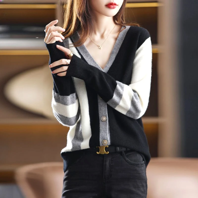 

2024 Spring and Autumn Fashion French V-neck Stripe Color Blocking Loose Casual Lazy Style Women's Sweater Cardigan 241