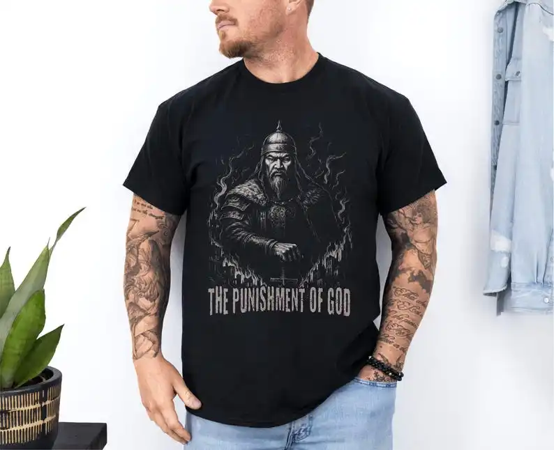 T-shirt Genghis Khan « La punition de Dieu » – Pour les fans de gothique, conquérants et metalheads – T-shirt guerrier mongol avec citation épique