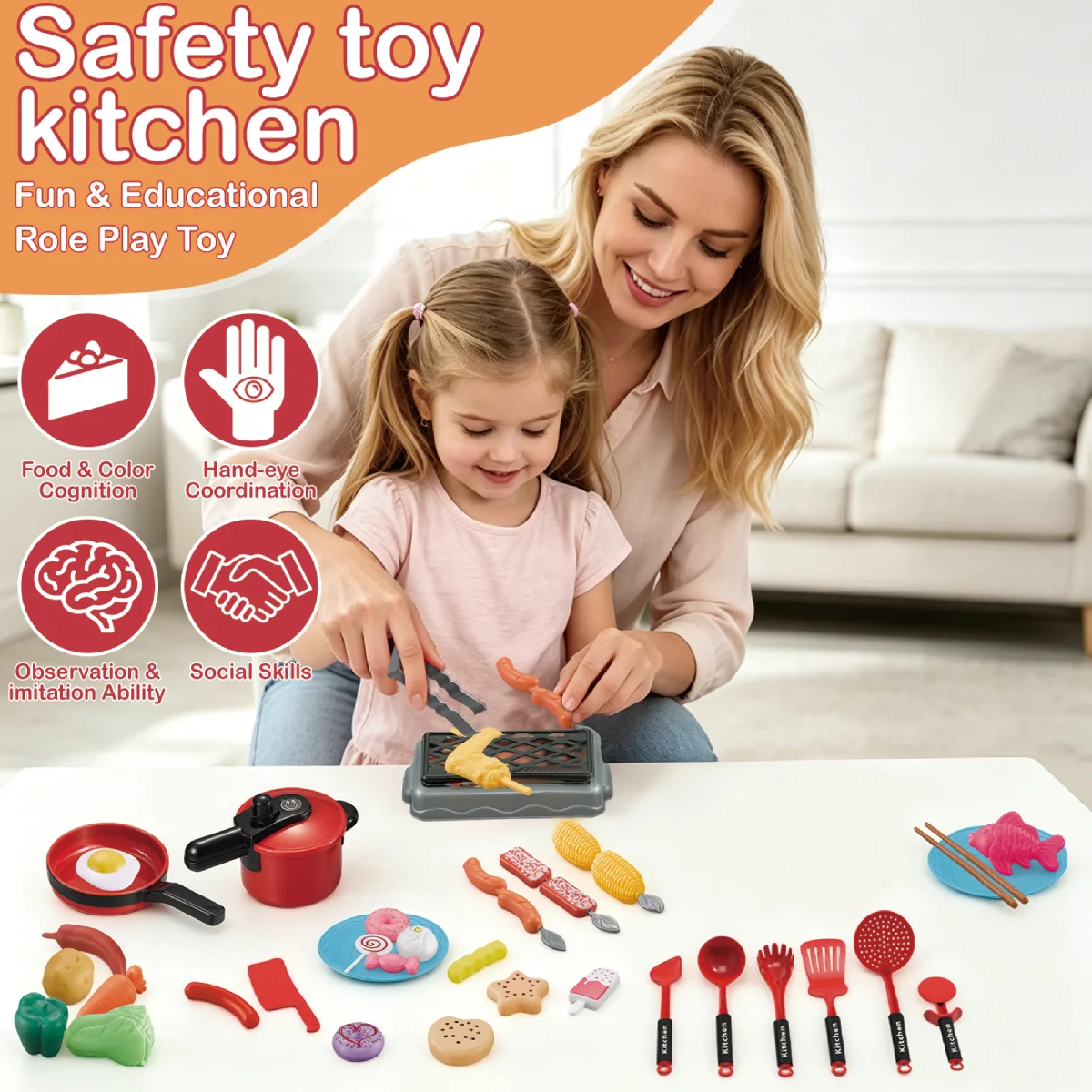 Mini Kids Kitchen Toys Set Pretend Play Cooking Pots Pans Utensils with Play Food Educational Gift for Toddler Boys Girls 3+ image 3