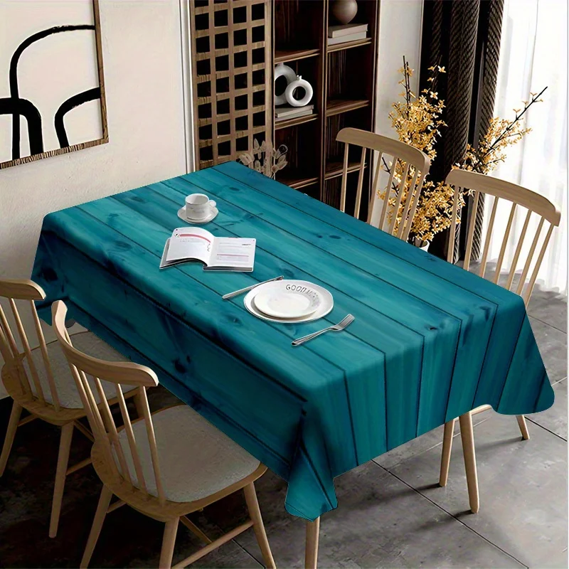 1pc Turquoise Blue-Green Wood Grain Tablecloth - Turquoise & Wood Tone Rectangular Table Cover, Turquoise Wood Plank Design for