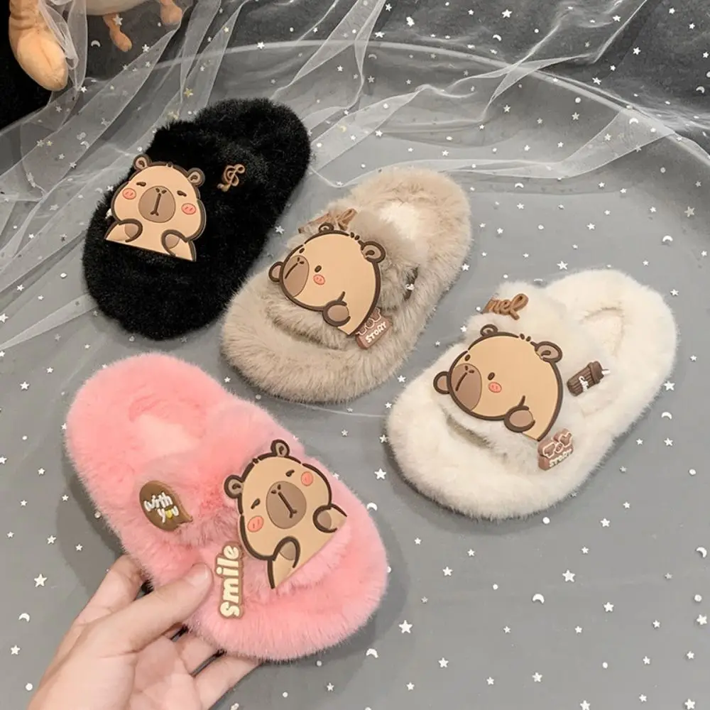 Creative Children Warm Capybara Slippers Animal Rubber sole Capibara Plush Slippers Kawaii Fluffy Winter Home Shoes Girls