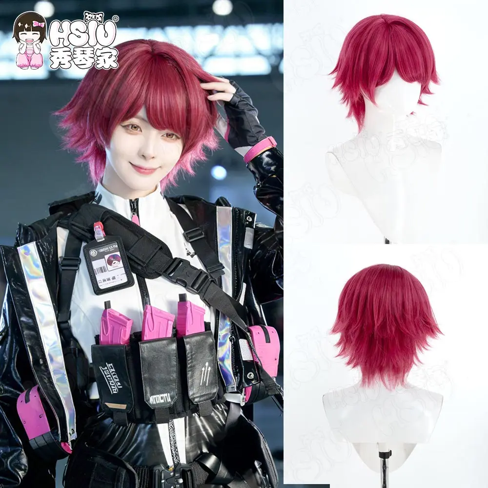 

Синтетический парик для косплея Exusiai, модель «HSIU», 30 см, розово-красный, короткий парик + шапочка для парика, для косплея по игре Delta Force Exusiai