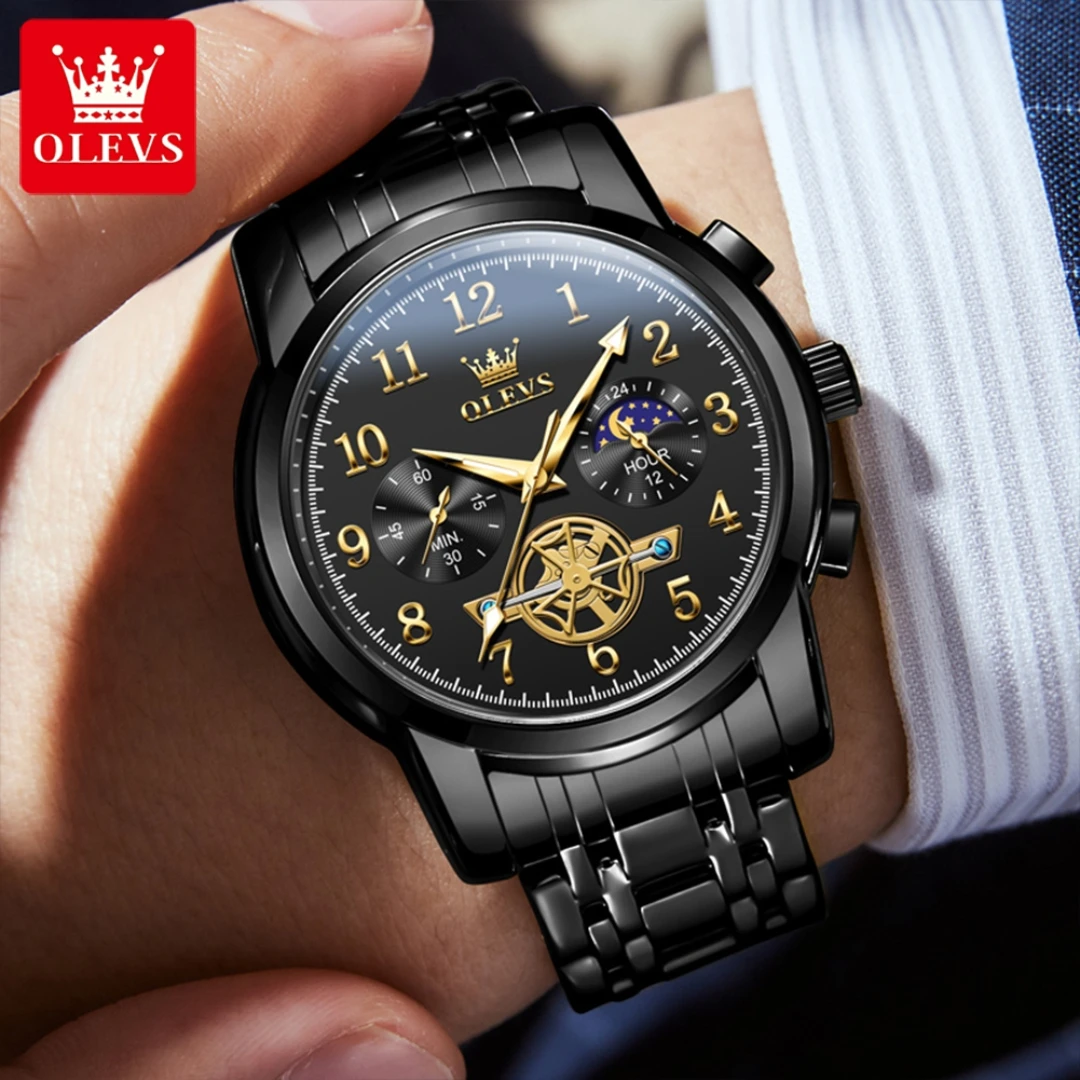 OLEVS Stainless Steel Quartz Watch, Moda Pulseira, Round-Dial Chronograph, Luminous Gift, 2903