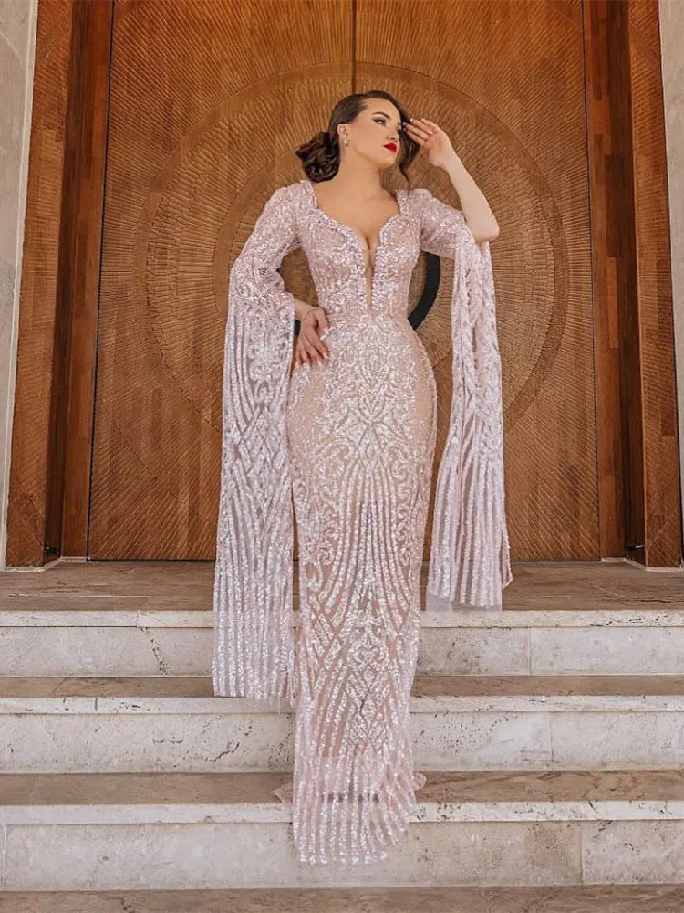 Stylish Mermaid Pink Evening Dresses Long Sleeves V Neck Capes Sequins 3D Lace Hollow Beaded Plus Size Prom Dresses Custom Made