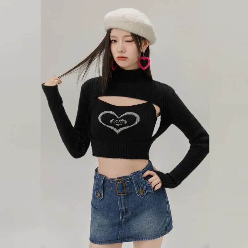 Sweet Y2K Women Two Piece Outfit Fuzzy Knit Shrug Heart Jacquard Camisole Hollow Back Sweater Street Daily Tops