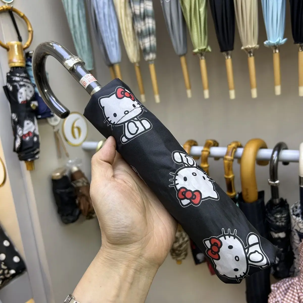 

Anime Sanrio Hello Kitty Cute Printed Umbrella Short Handle Sun Rain Dual Use Wooden Handle Bow Cute Cartoon Umbrella for Women