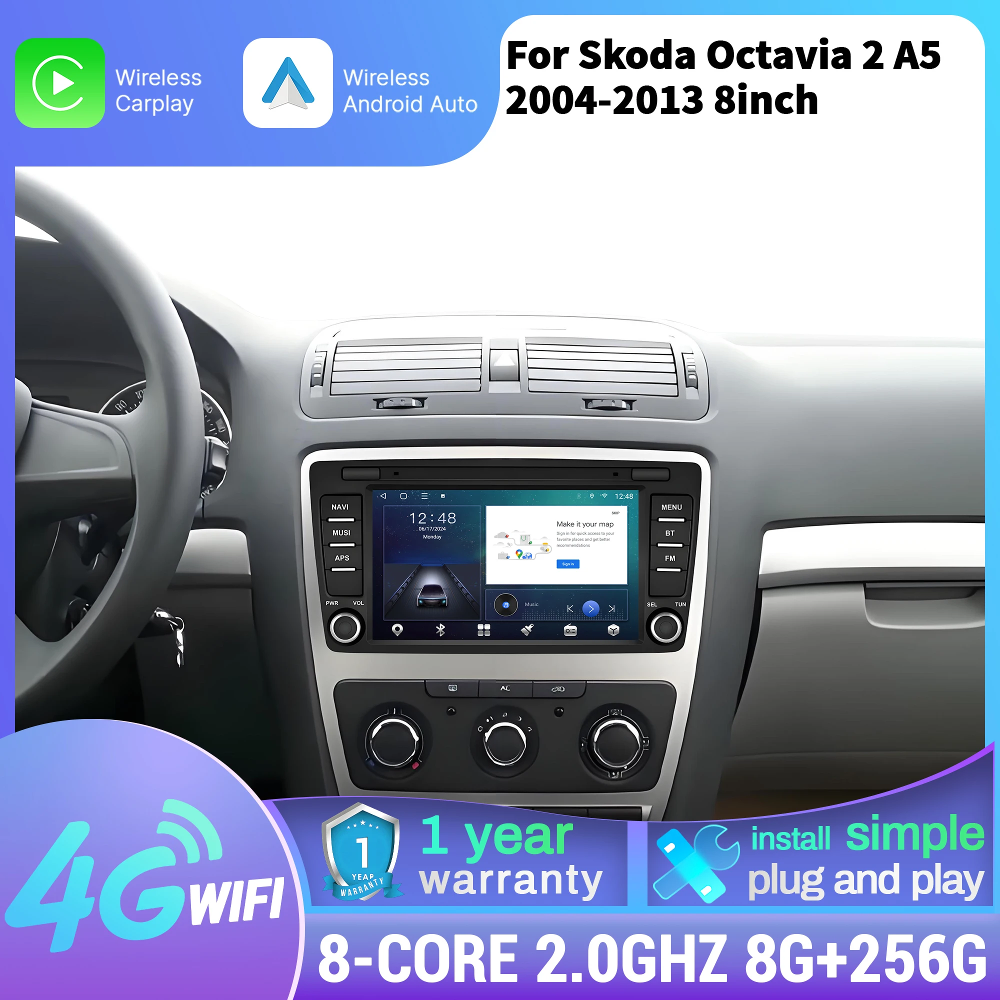 8 inch Car Radio For Skoda Octavia 2 A5 2004 2005 2006 2007 2008-2013 Wireless Bluetooth CarPlay Multimedia Head Unit Screen