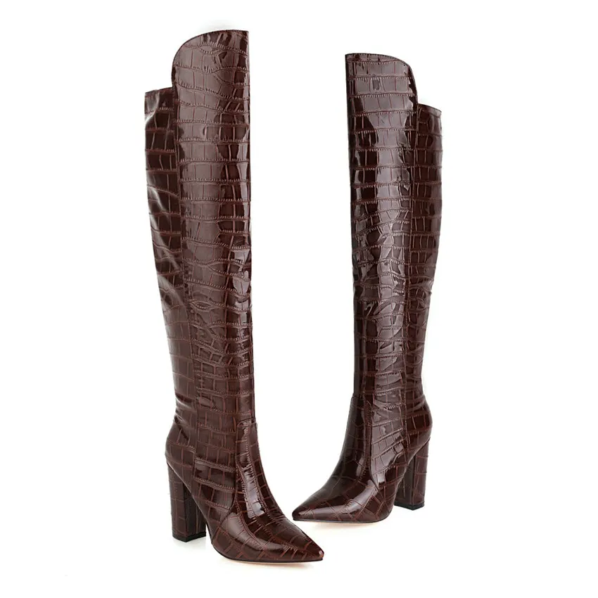 

Женские сапоги выше колена большого размера, красные, черные, из лакированной кожи крокодила, с острым носком, на массивном каблуке, сексуальные женские зимние сапоги до бедра, длинные сапоги
