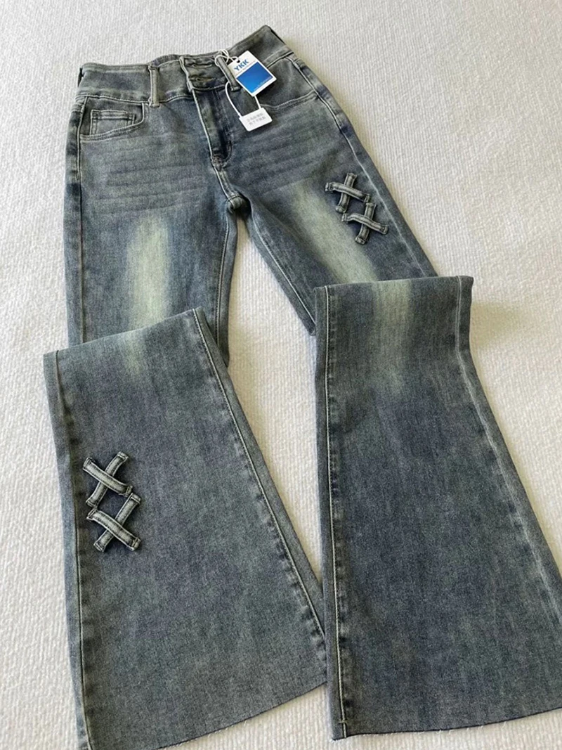 여성을위한 미국 복고풍 스트레치 청바지 봄 가을 하이 웨이스트 슬림 피트 플레어 바지 세련된 캐주얼 여성 데님 바지