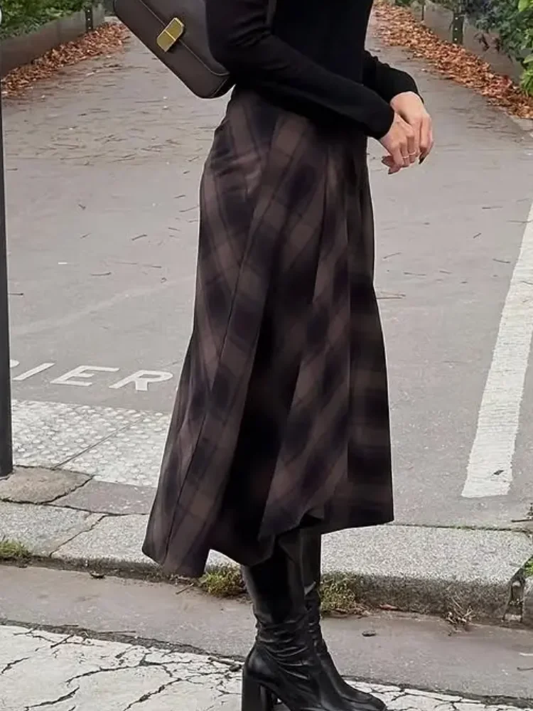 Casual Brown Plaid Midi Skirts Woman Fashion High-waist A-line Pleaded Skirts Party Daily Outdoor Trendy Attire 2026 Spring New