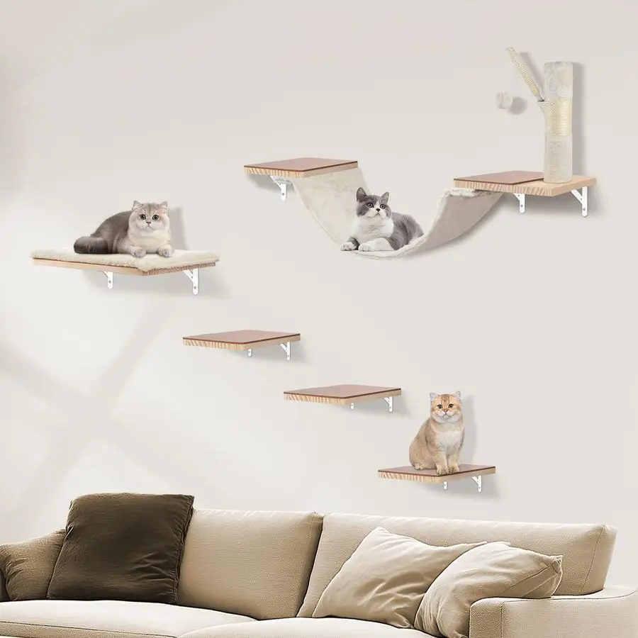 

Набор альпинистов для кошек, настенные полки для кошек, с гамаком, досками для прыжков, дивана, ступеньками, когтеточка, подвесной шар и фетровые подушечки, Sui