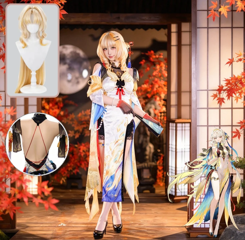 Wuthering Waves Suisui Cosplay Costume Wig with Headpiece Women Game Anime Cheongsam Includes Wig Cap for Comic Con Halloween