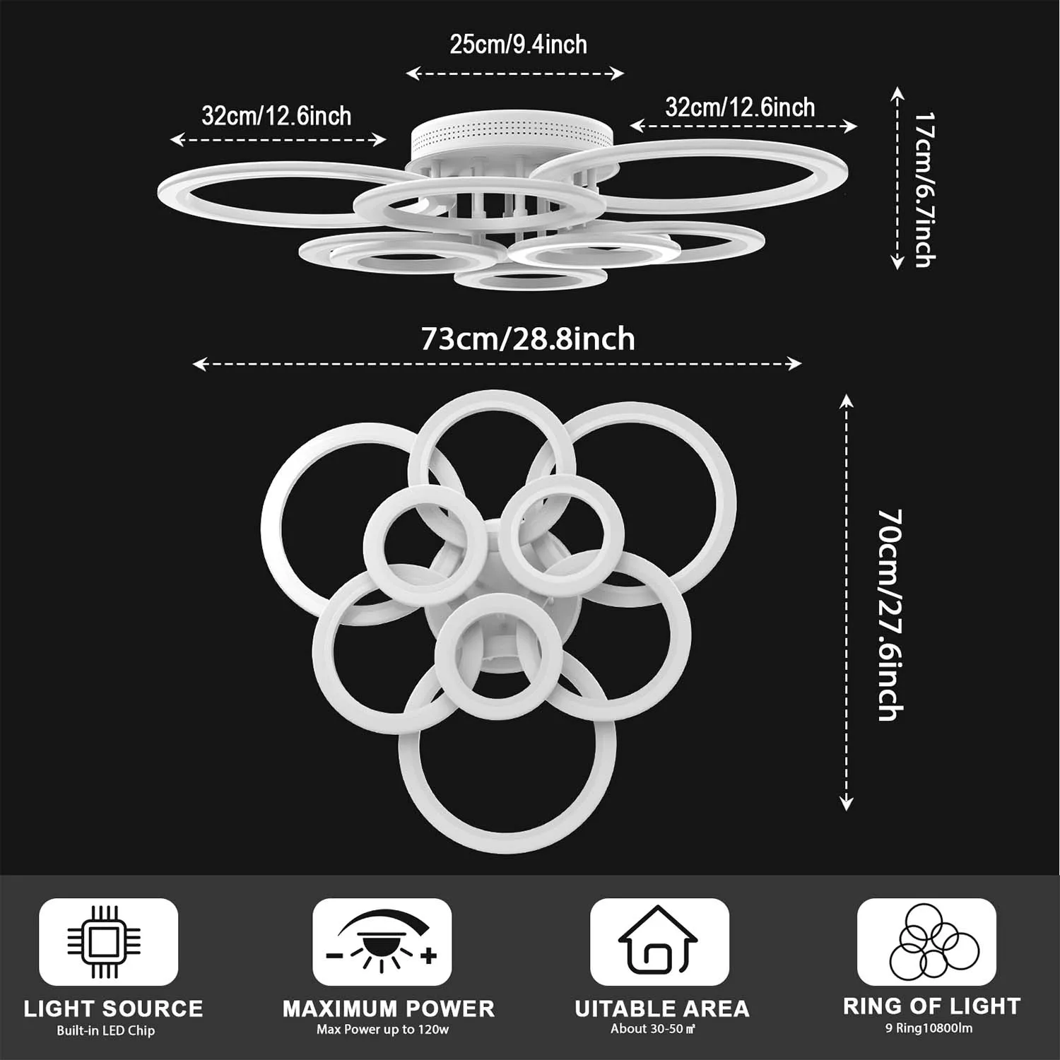 RUNTOIN أضواء السقف الحديثة 9 حلقات عكس الضوء الكروم LED تركيبات إضاءة السقف مع جهاز التحكم عن بعد قريبة من إضاءة السقف #4