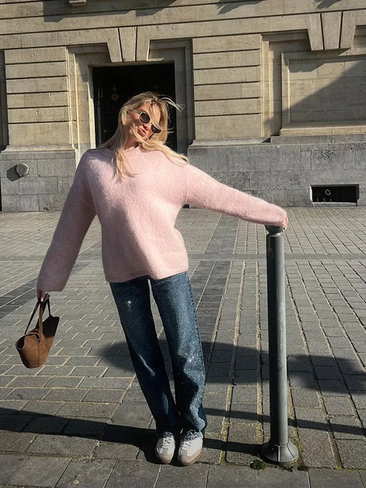 Elegant Sweet Pink Knitted Pullover Women Fashion O Neck Long Sleeves Loose Warm Sweater New Autumn Lady Commute Street Tops