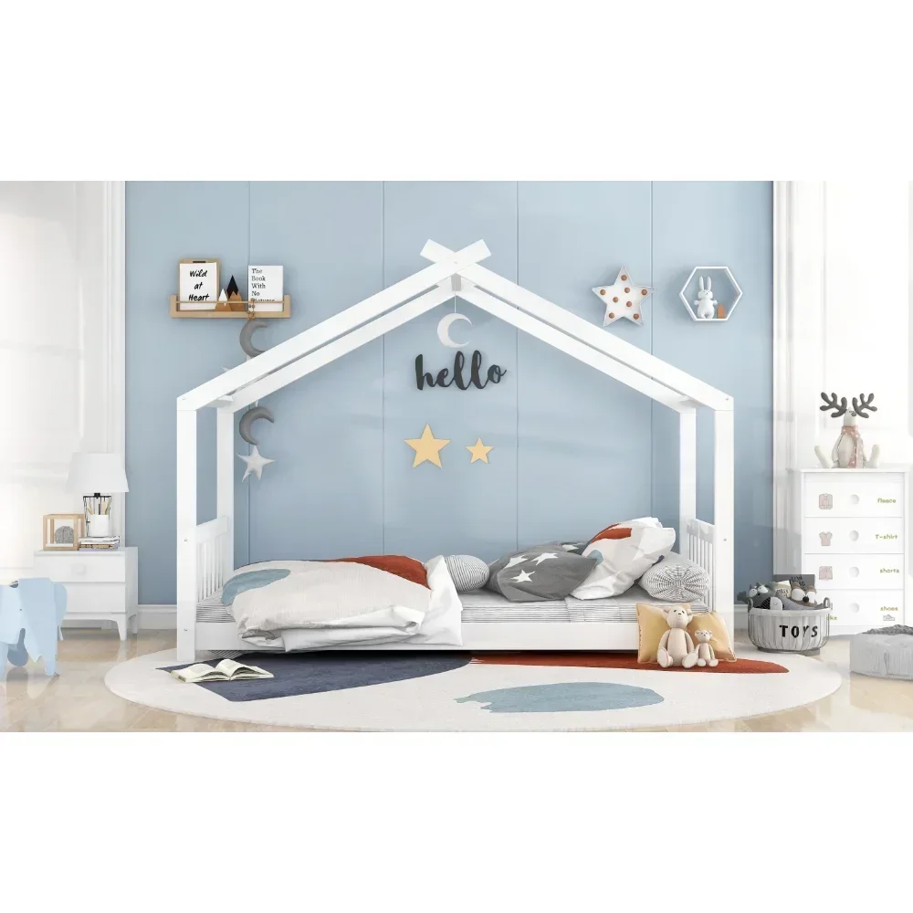Letti per bambini bianchi, letto per bambini a basso profilo, letto a doppia piattaforma a forma di casa in legno per bambini, senza bisogno di molle