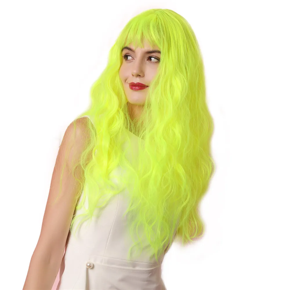 Fluorescent Yellow Green Long Curly Wig with Air Bangs High Temperature Fiber Synthetic Hair for Women Anime Cosplay Wig