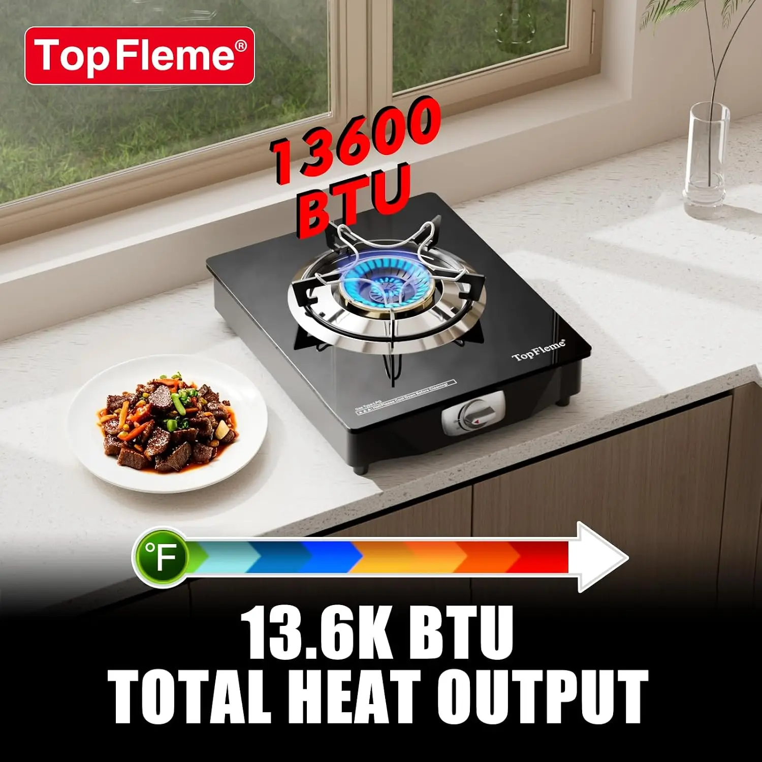Propane Gas Stove Top, 13,600 BTU High-Efficiency Outdoor Burner with Tempered Glass and Auto-Ignition, Includes CSA Hose, for RV Camping and Emergency Cooking