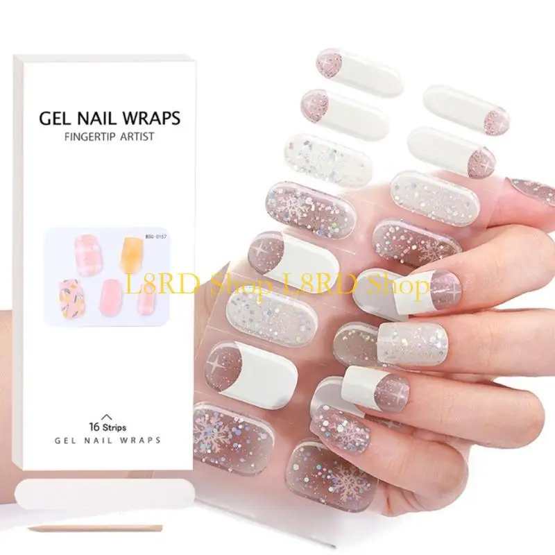 L8rd 16 pc's langdurige semi -gezouten nagelstickers, Franse stijl semi -uitgeharde gel nagels strips nagellakstrips voor
