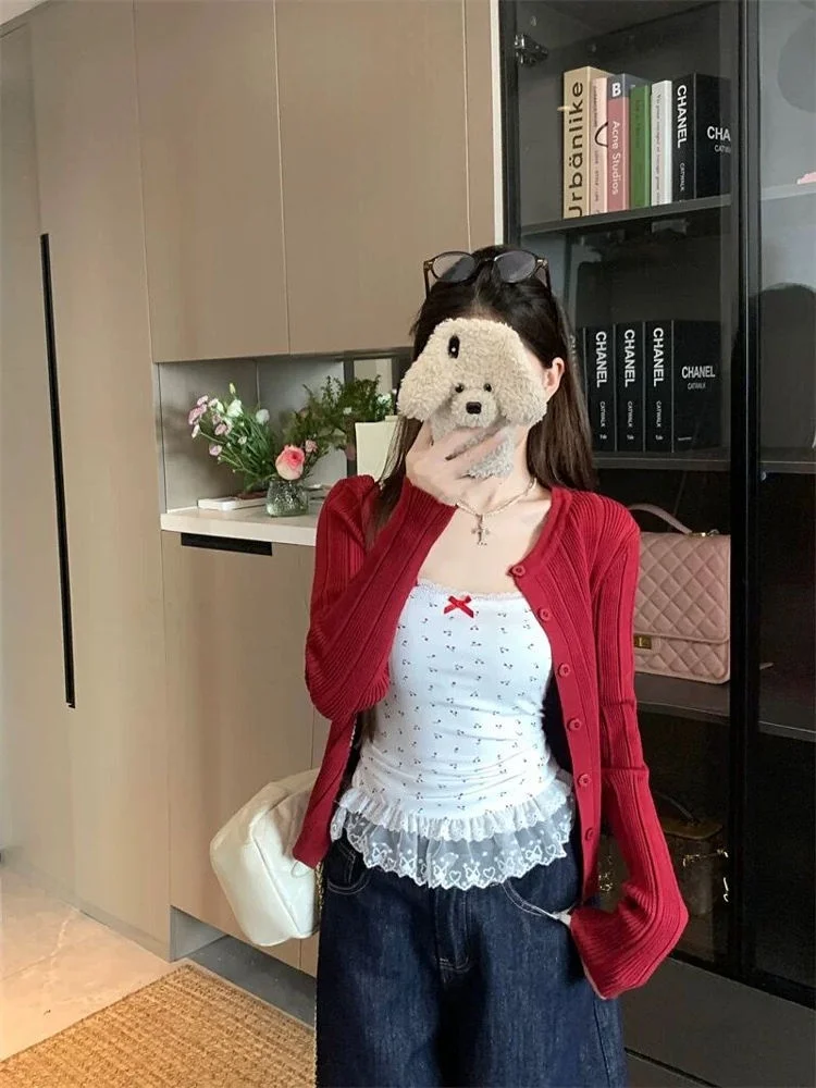 

Корейский белый топ с цветочным принтом и бретелями, женский летний жилет с узлом и кружевной отделкой, внутренний топ для создания образа в стиле Sweet Spicy Girl, верхняя одежда