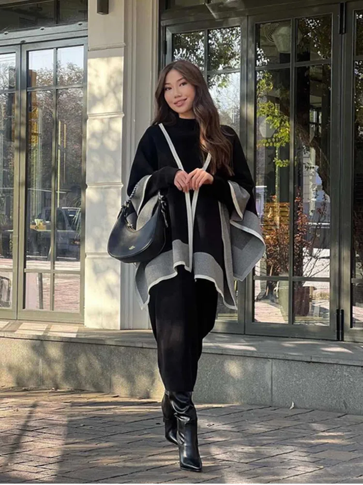 

SKMY 2025 New Autumn And Winter Long Seeve Shawl Coat Tops Knitted Dress Two Piece Outfits Women Loose Elegant Temperament Sets