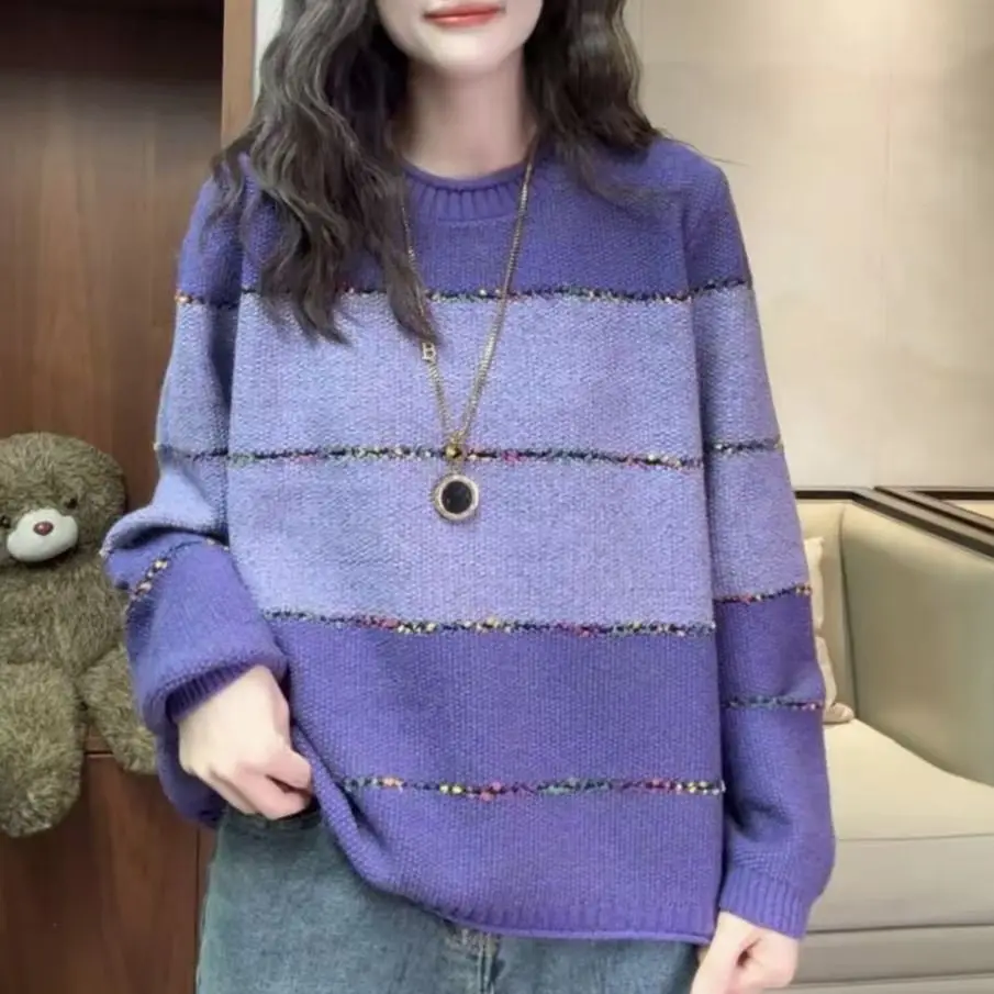 

Women's New Fashion New Sweater Striped Autumn Winter Stitching Long Sleeve Contrast Sweater Loose Joker Cardigan Sweater Top