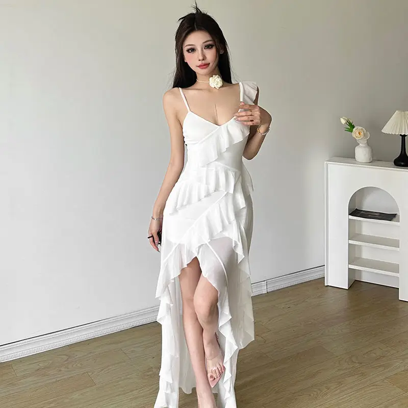 

Girls' Style Ruffled Chiffon Suspender Dress, Elegant and Slimming, Irregular Skirt for Summer