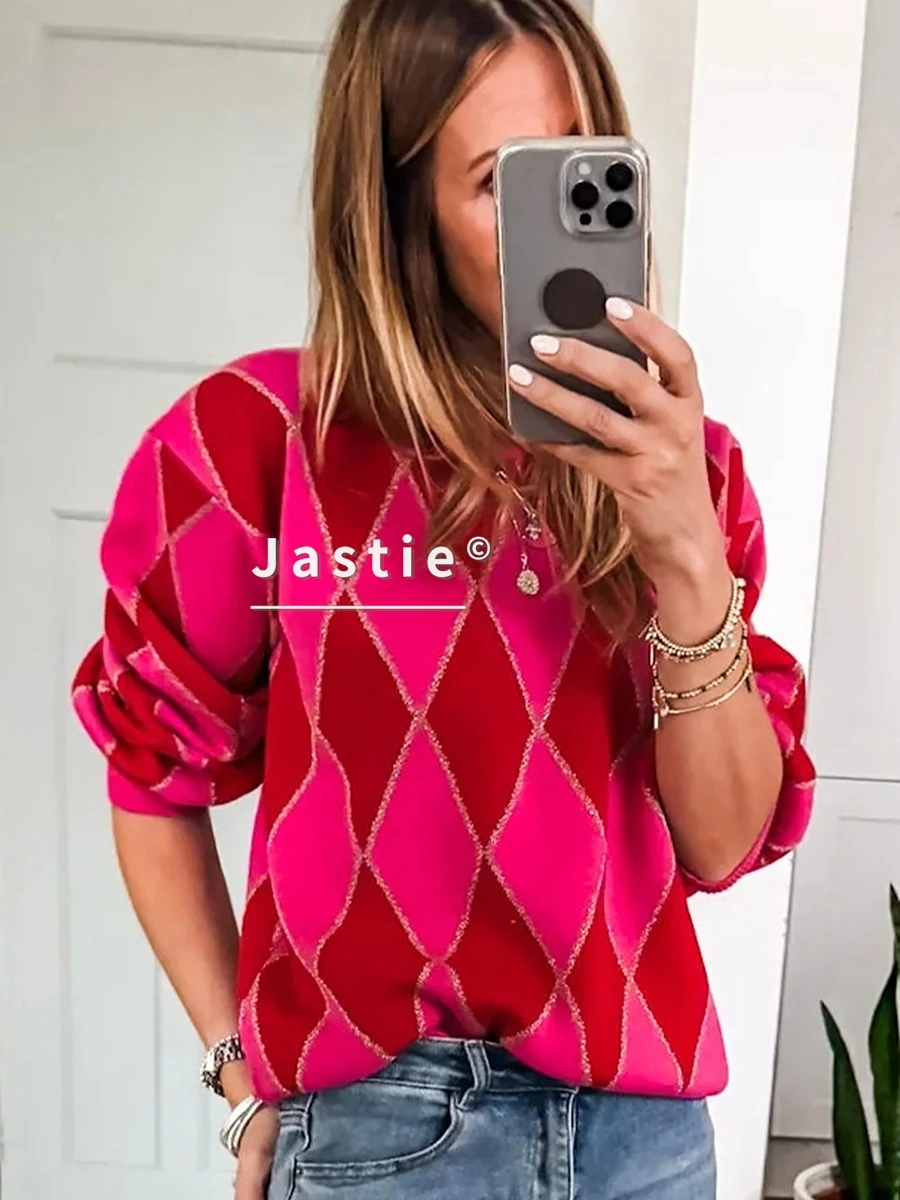 

Осень/зима 2026, новогодний рождественский свитер, женский повседневный цветной принт, теплый пуловер с круглым вырезом, свитер с длинными рукавами, топ