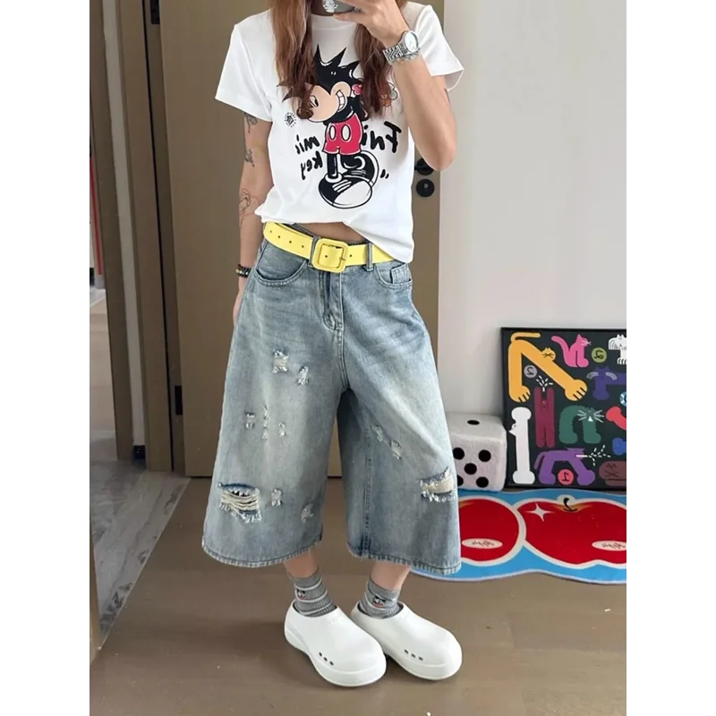 American Retro Distressed Denim Culottes High Waist Loose Calf-Length Shorts