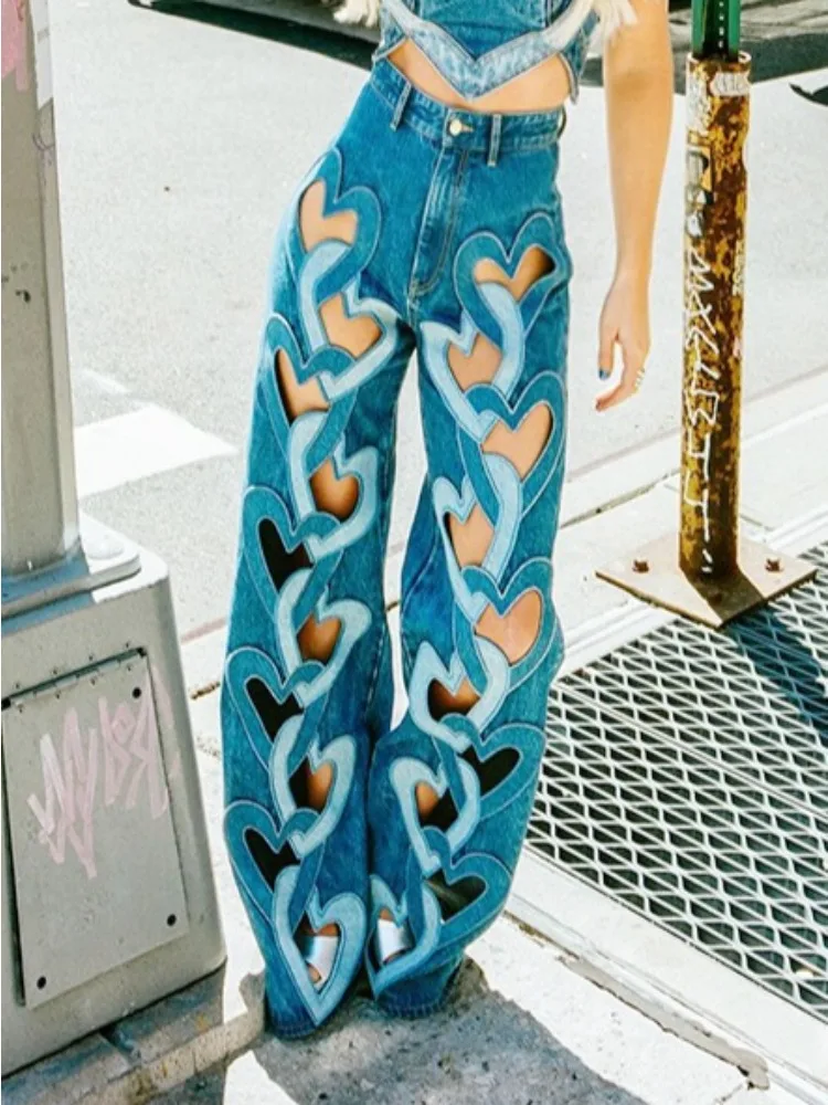 Beautyblue-pantalones vaqueros elegantes con agujeros para mujer, Vaqueros holgados de cintura alta, parte inferior de pierna ancha Y2k, color azul, otoño