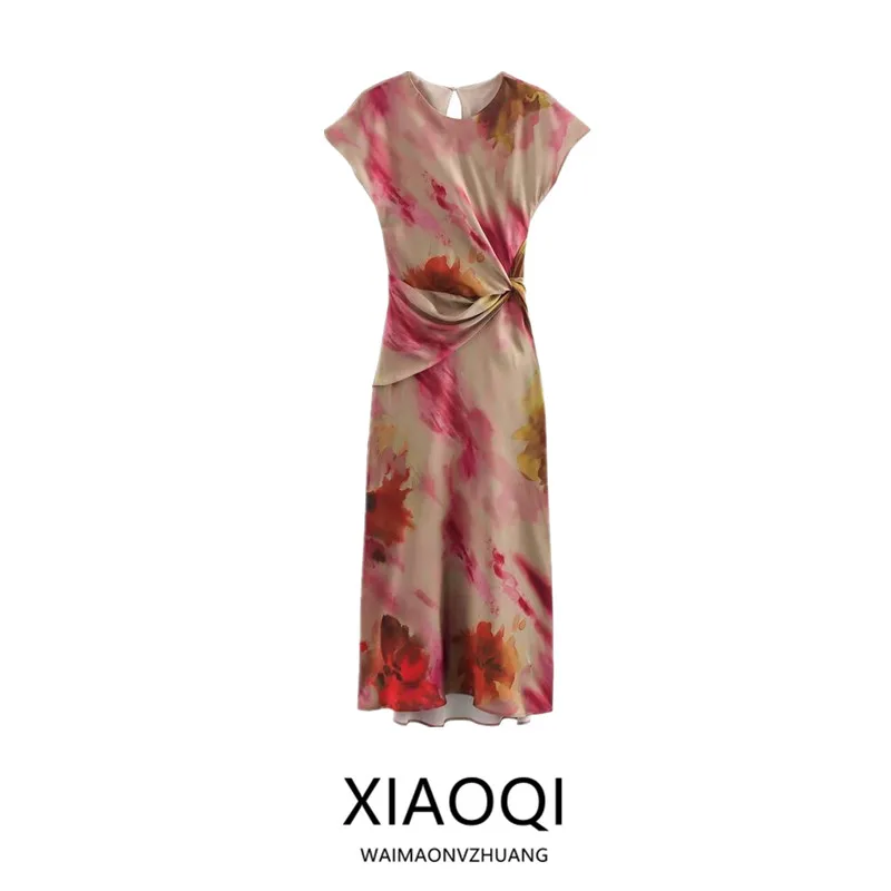 Vestido de Seda com Estampa Tie Dye para Mulheres, Moda Outono 2024, Estilo Versátil para o Dia a Dia, Sem Mangas, Peça Única...