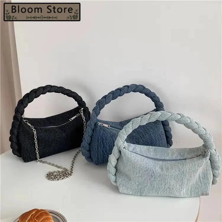 

Bloom Vintage Denim Handle Messenger Purse Women 2025 New Chain Casual Crossbody Bags Wallet Ladies Retro Dumpling Bag Y2k