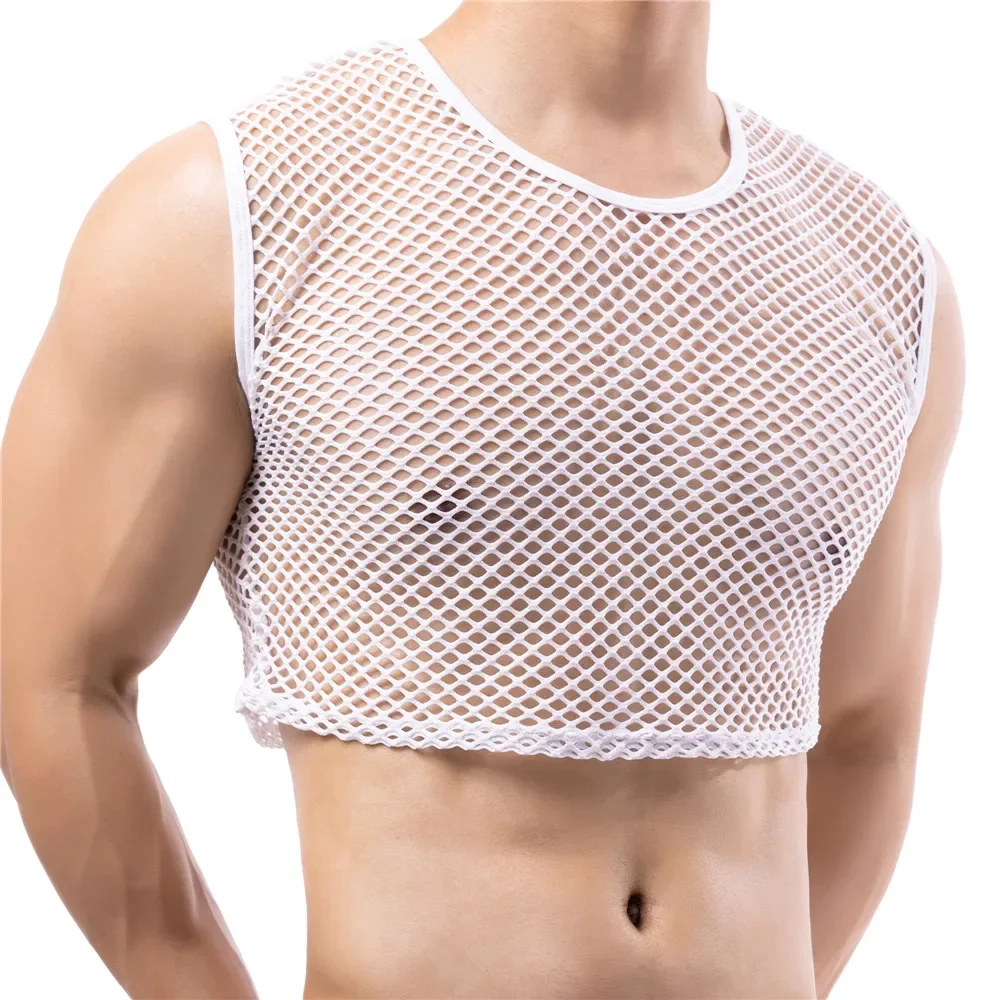 Mens Sexy Transparent Hollow Out Vest Crop Tops Mesh Fishnet Sleeveless T-Shirt Sport Gym Fitness Undershirts Muscle Tank Tees