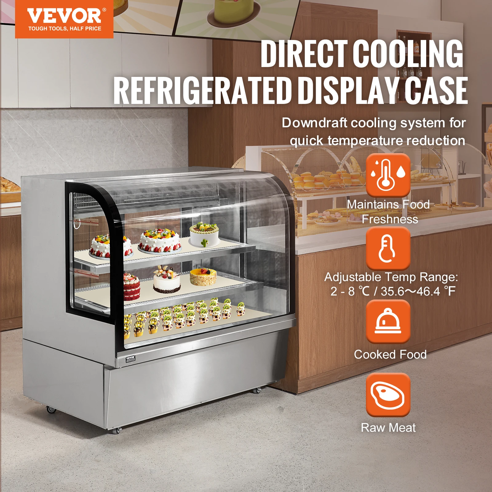 VEVOR Refrigerated Display Case, 505L Large Pastry Display Case, 2-Tier Commercial Display Refrigerator with LED Lighting